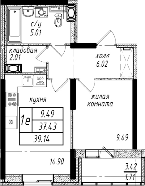 1-комнатная квартира 39.14 м², 5/25 эт., ЖК «Северная Долина»